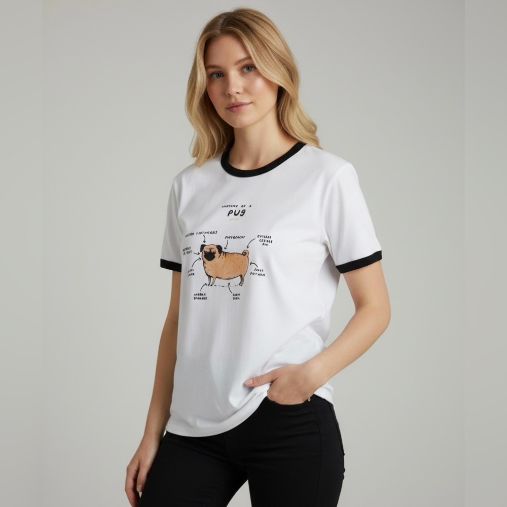 Anatomy of a Pug Graphic Tee Ringer T-Shirt Short Sleeve Top XL
